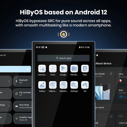 HiBy R6 Pro II runs HiByOS based on Android 12, offering pure sound and multitasking with a smartphone-like interface and app support.