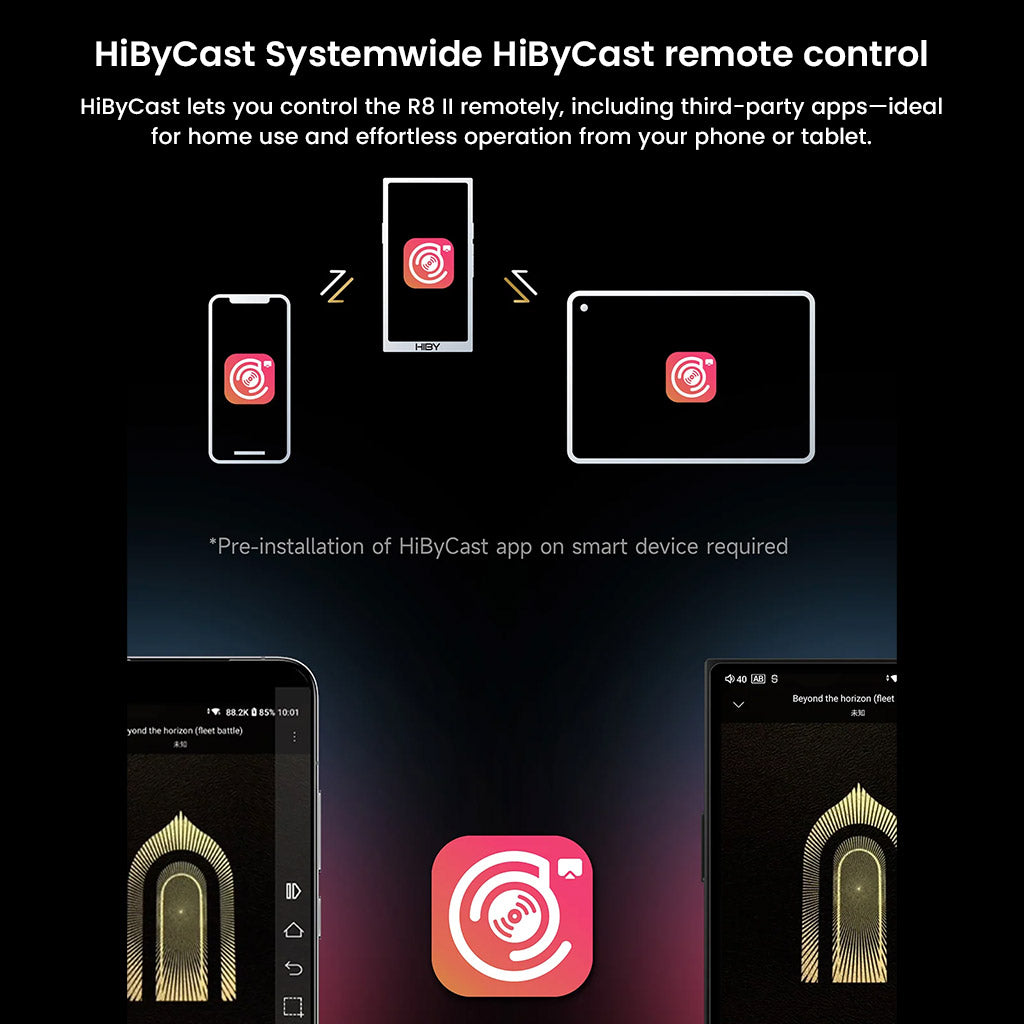 HiBy R8 II Gen 2 supports HiByCast remote control, enabling seamless operation from smartphones or tablets for convenient playback control.