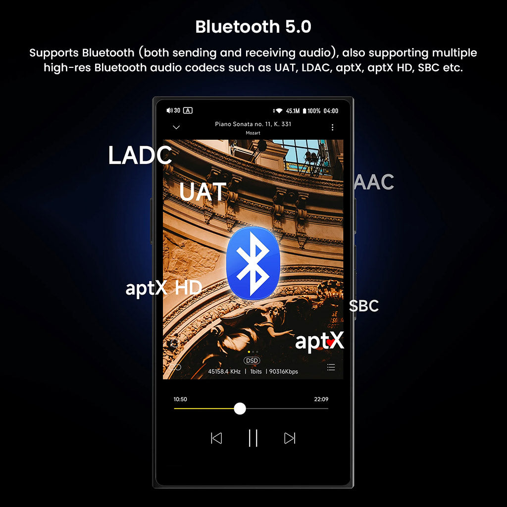 HiBy R8 II Gen 2 Bluetooth 5.0 support with multiple codec compatibility including LDAC, aptX HD, and UAT for wireless high-res audio.