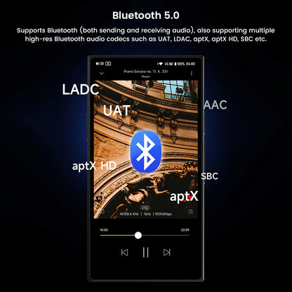 HiBy R8 II Gen 2 Bluetooth 5.0 support with multiple codec compatibility including LDAC, aptX HD, and UAT for wireless high-res audio.