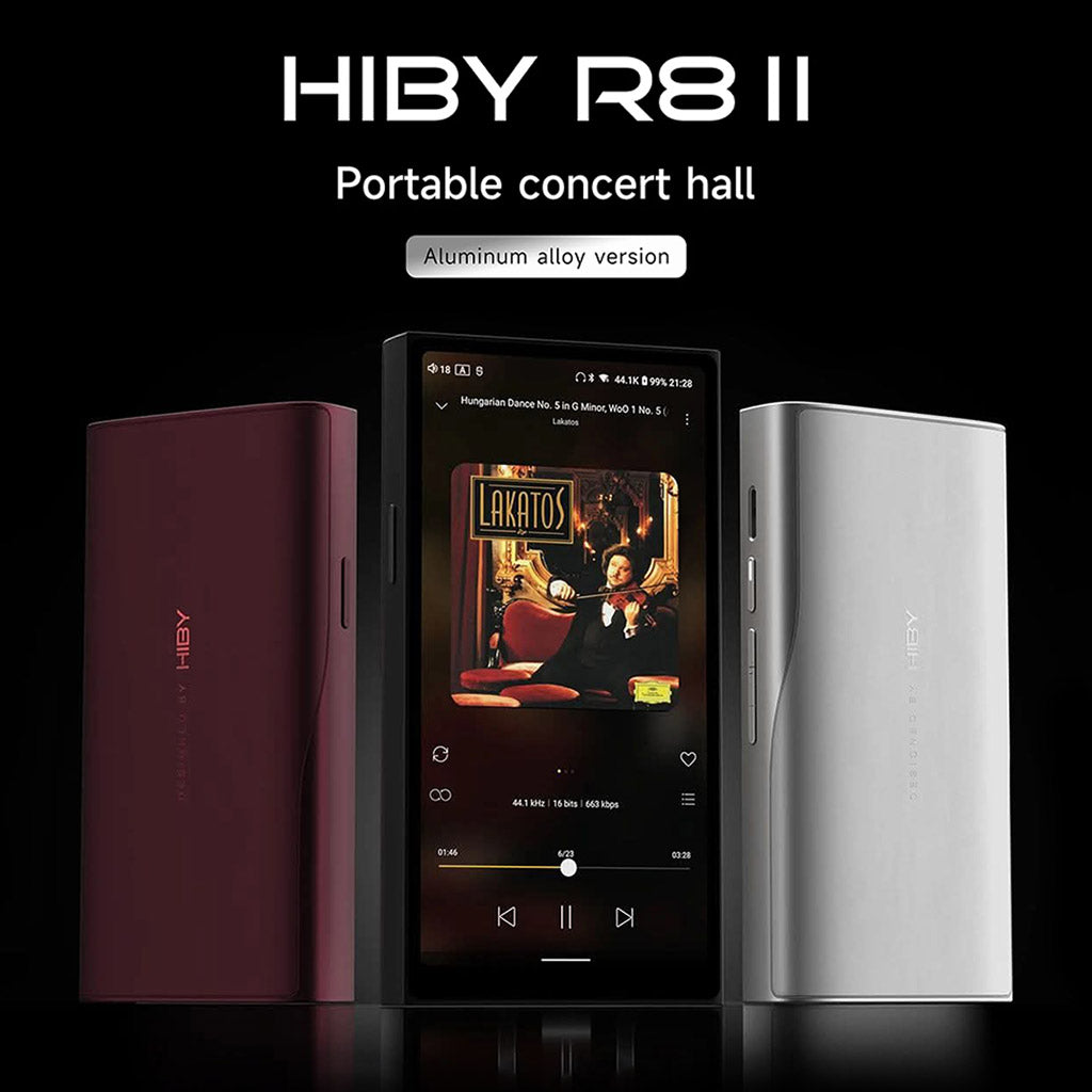 HiBy R8 II Gen 2 aluminum alloy digital audio players in multiple colors, marketed as a portable concert hall for immersive sound.