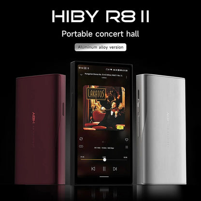 HiBy R8 II Gen 2 aluminum alloy digital audio players in multiple colors, marketed as a portable concert hall for immersive sound.