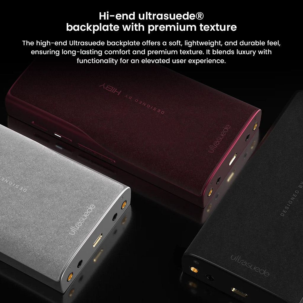 HiBy R8 II Gen 2 Ultrasuede backplate in premium textures offering durability and luxury feel for high-end portable audio players.