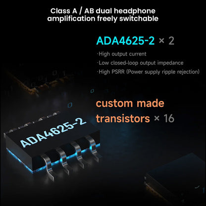 HiBy R8 II Gen 2 features ADA4625-2 transistors and dual Class A/AB headphone amplification for customizable high-output audio.