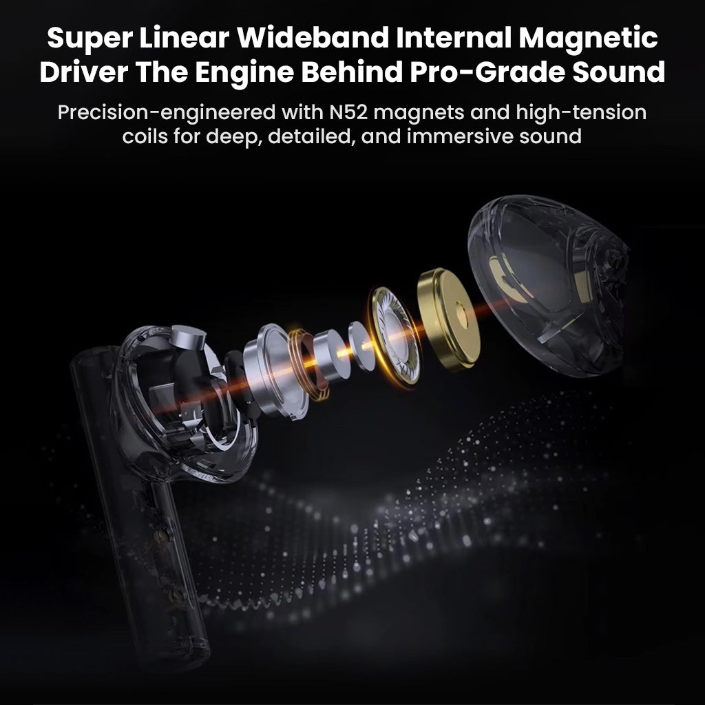 Exploded view of KZ Sora V5.4 TWS Earbuds showcasing super linear wideband internal magnetic driver for deep, detailed HiFi sound.