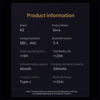 Detailed product information chart for KZ Sora V5.4 TWS Earbuds, highlighting specs like Bluetooth 5.4, 25h battery life, and SBC/AAC support.