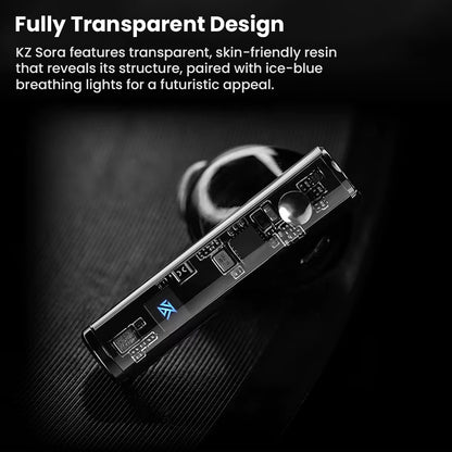 Close-up of KZ Sora V5.4 TWS Earbuds' fully transparent design with skin-friendly resin and futuristic ice-blue breathing lights.