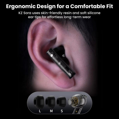 KZ Sora V5.4 TWS Earbuds ergonomic design shown in-ear with soft silicone tips for comfortable, long-term wear.