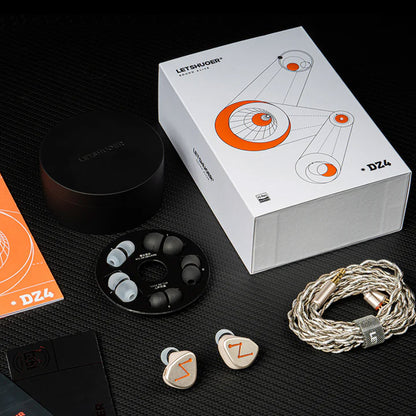 Full unboxing of LETSHUOER DZ4 Hi-Fi IEM with accessories including ear tips, cable, case, and packaging.