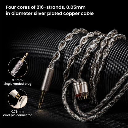 Silver-plated copper cable with 3.5mm plug and dual pin connector, designed for LETSHUOER DZ4 Hi-Fi in-ear monitors.
