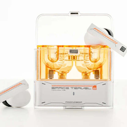 Moondrop Space Travel 2 magnetic case in use with orange TWS earphones. Secure fit and stylish HiFi protection for frequent travelers.