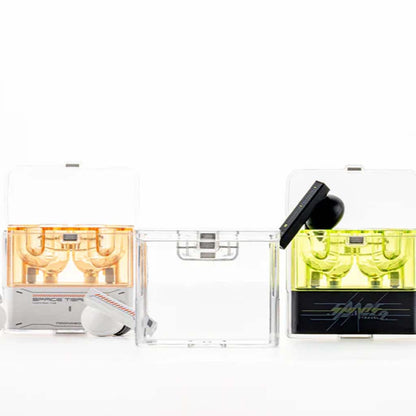 Moondrop Space Travel magnetic cases in clear, orange, and green variants. Designed for TWS earphones with premium HiFi protection.