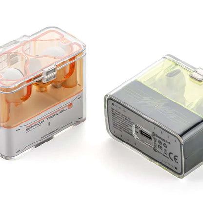 Back view of Moondrop Space Travel magnetic cases with USB-C ports. HiFi protective design for TWS earphones in orange and green styles.