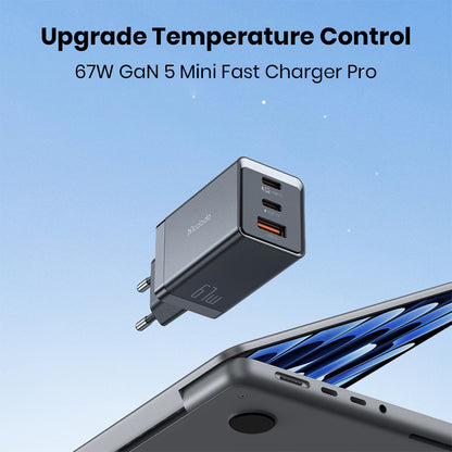 Mcdodo 67W GaN Charger with upgraded temperature control and triple port fast charging, compatible with laptops, tablets, and phones.
