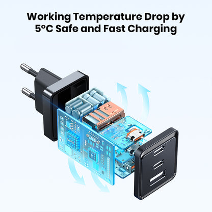 Mcdodo 67W GaN charger internal circuit design with heat dissipation and safe fast charging, reducing working temperature by 5°C.