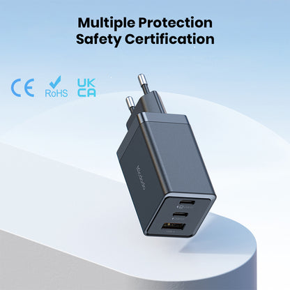 Mcdodo Gan Charger - 67W USB-C PD with CE, RoHS, and UKCA certifications for multi-layer protection and safe device charging.