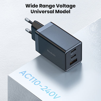 Mcdodo Gan Charger - 67W USB-C PD with universal voltage support from AC110-240V, ideal for global travel and fast device charging.