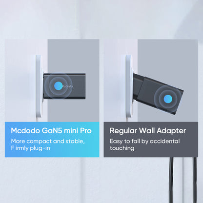 Mcdodo 67W GaN charger compared to regular wall adapter, showing more compact, stable, and secure plug-in design.