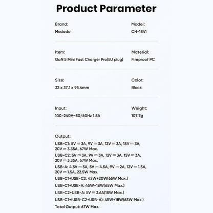 Mcdodo 67W GaN charger technical specifications including input/output, port configuration, and total power output for multiple devices.