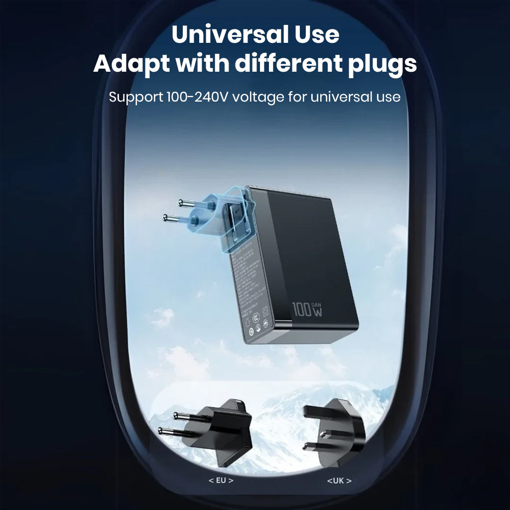 MCDODO 100W GaN charger supports 100–240V input, adaptable with EU and UK plugs for global travel convenience.