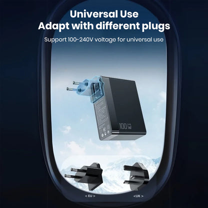 MCDODO 100W GaN charger supports 100–240V input, adaptable with EU and UK plugs for global travel convenience.