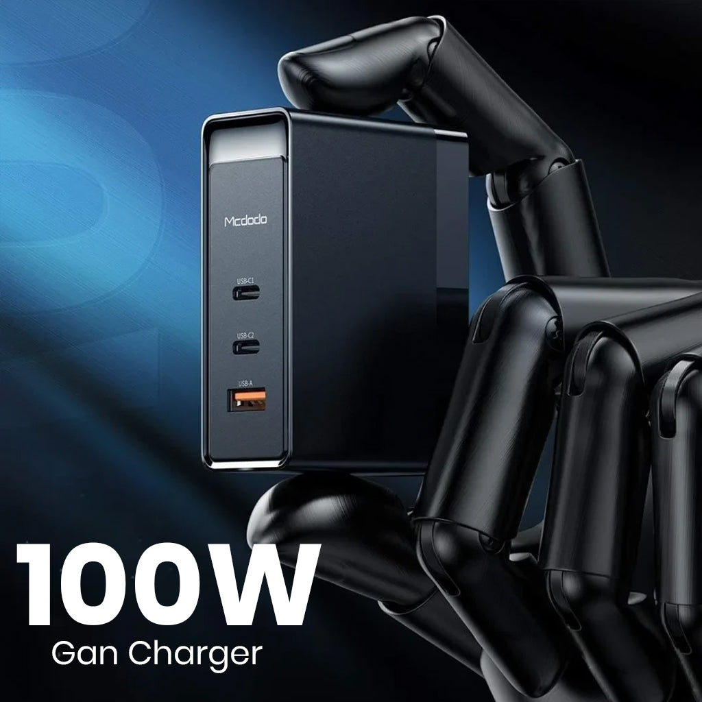 MCDODO 100W GaN charger held by robotic hand, highlighting compact design and powerful charging performance.