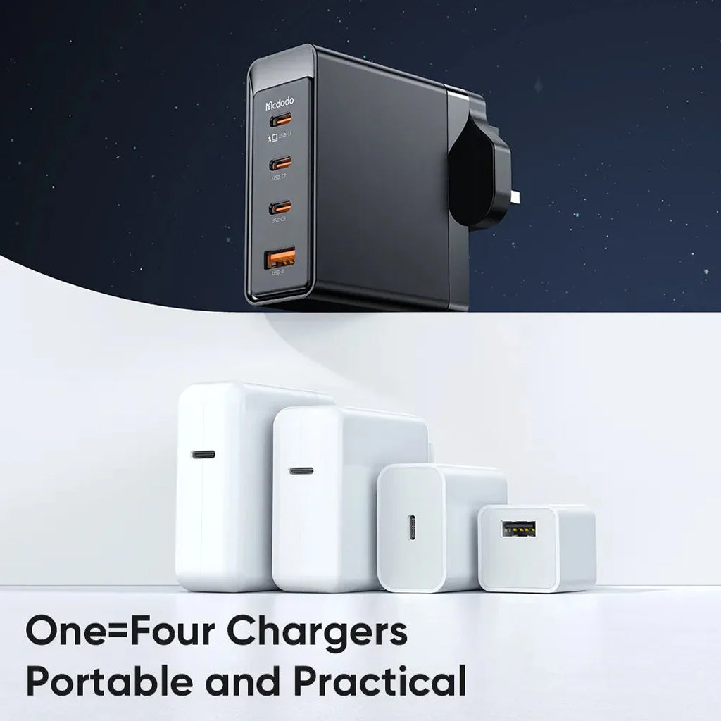 MCDODO 100W GaN charger replaces four traditional chargers, offering portability and practicality in one compact unit.