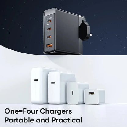 MCDODO 100W GaN charger replaces four traditional chargers, offering portability and practicality in one compact unit.