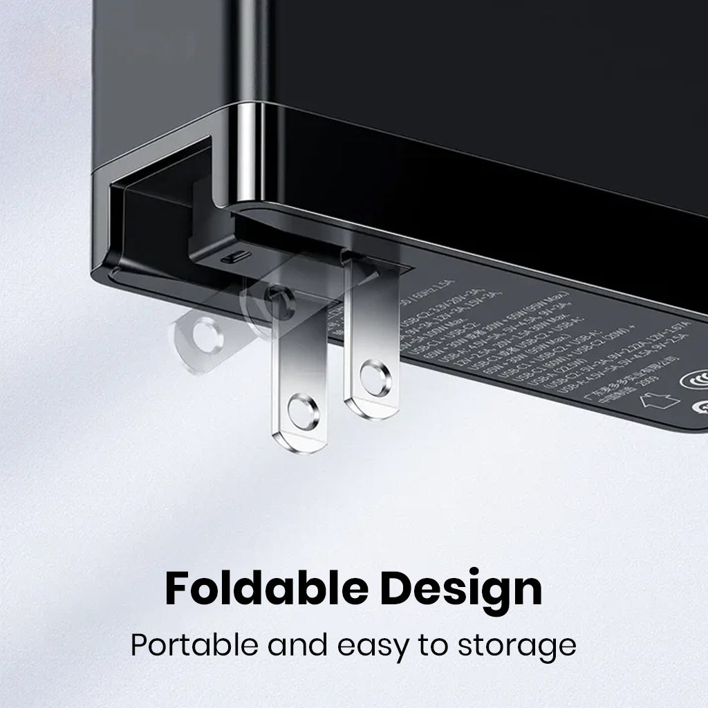 Foldable plug design of MCDODO 100W GaN charger for easy storage and portability during travel.