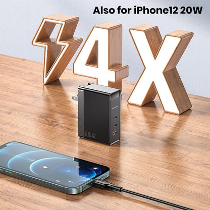 MCDODO 100W GaN charger charging an iPhone 12 at 20W, highlighting fast charging capability and multi-device support.