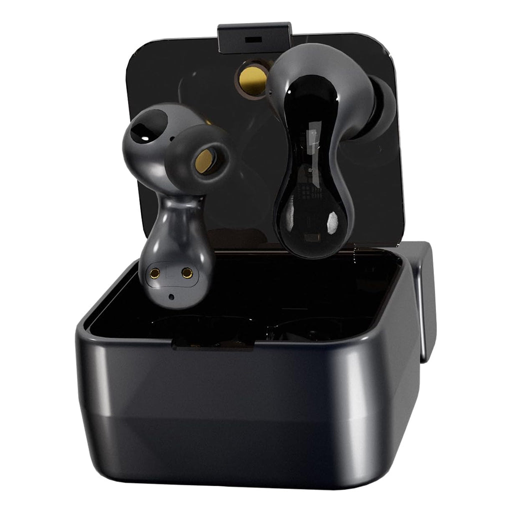 ND Pulsar TWS earbuds in grey with open charging case, highlighting sleek finish and internal circuitry visibility.
