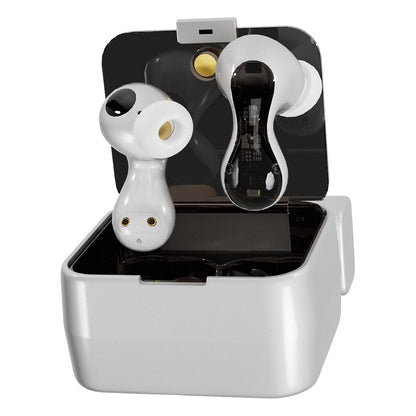 ND Pulsar TWS earbuds in white with open charging case, showcasing ergonomic design and transparent internal components.