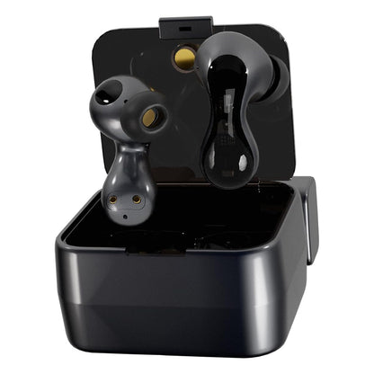 ND Pulsar TWS earbuds in black with open charging case, emphasizing premium build and ergonomic earbud design.