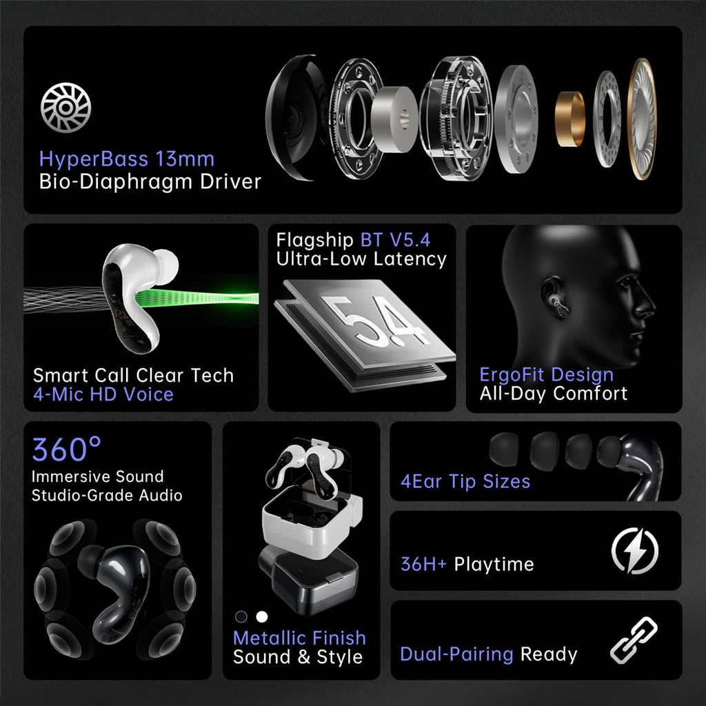 ND Pulsar TWS features overview including 13mm bio-diaphragm drivers, 360° audio, 36h playtime, and dual pairing support.