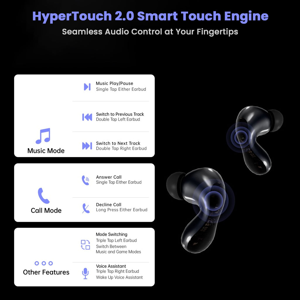 ND Pulsar HyperTouch 2.0 interface showing smart touch controls for music, calls, and voice assistant activation.