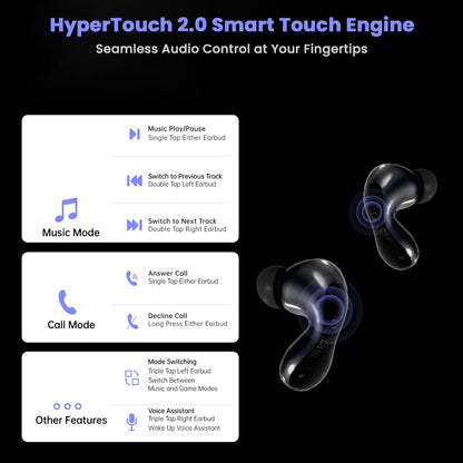 ND Pulsar HyperTouch 2.0 interface showing smart touch controls for music, calls, and voice assistant activation.