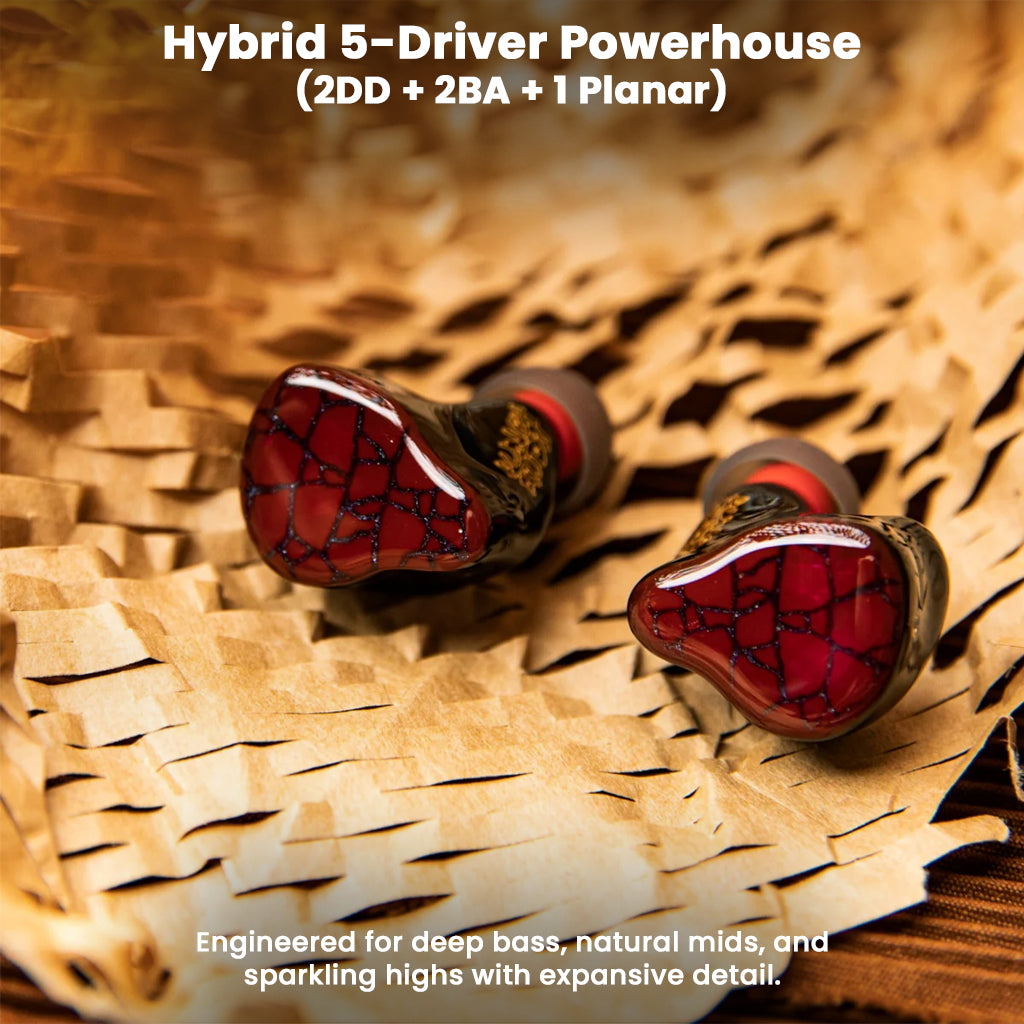 Hybrid 5-driver Punch Audio Martilo 1 IEM featuring 2 dynamic, 2 BA, and 1 planar driver for deep bass and detailed highs on textured background.