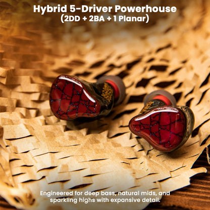 Hybrid 5-driver Punch Audio Martilo 1 IEM featuring 2 dynamic, 2 BA, and 1 planar driver for deep bass and detailed highs on textured background.