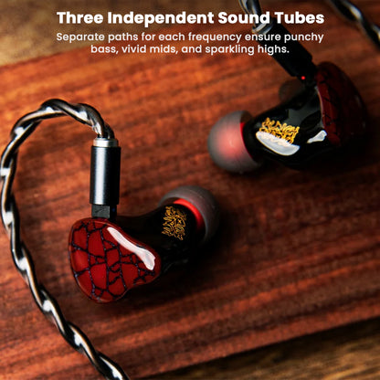 Punch Audio Martilo 1 IEM with three independent sound tubes for bass, mids, and highs, shown on wooden surface with braided cable.