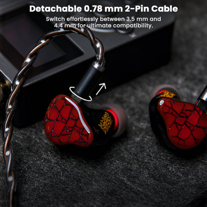 Punch Audio Martilo 1 IEM with detachable 0.78mm 2-pin cable for flexible 3.5mm and 4.4mm connectivity, shown with audio gear in low light.