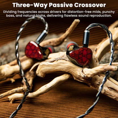 Punch Audio Martilo 1 IEM with three-way passive crossover for clean sound separation, placed on natural wood branches for aesthetic appeal.