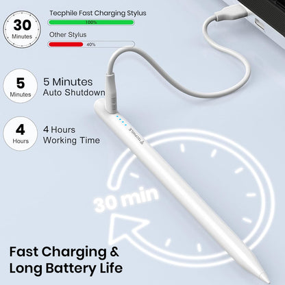 TECPHILE iPad stylus pen showing fast charging in 30 minutes, 4-hour battery life, and 5-minute auto shutdown feature.