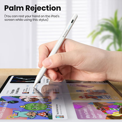 Palm rejection feature of TECPHILE stylus pen allows comfortable hand placement on iPad screen while drawing or writing.