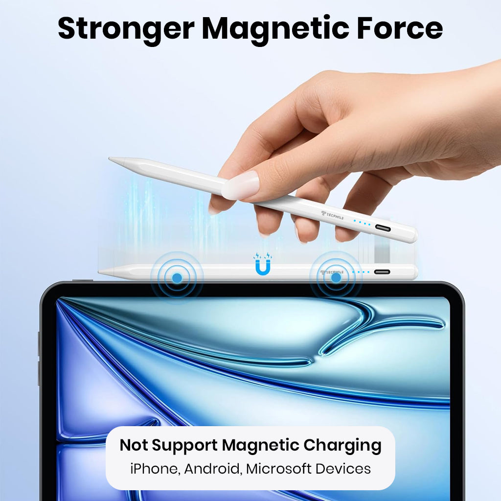 TECPHILE stylus pen with strong magnetic attachment to iPad, not compatible with magnetic charging or non-Apple devices.