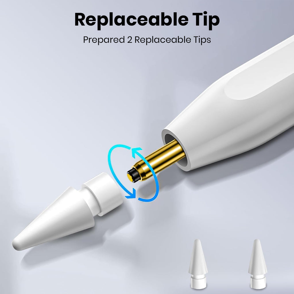 Close-up of TECPHILE stylus pen showing replaceable tip mechanism with two extra tips included for extended use.