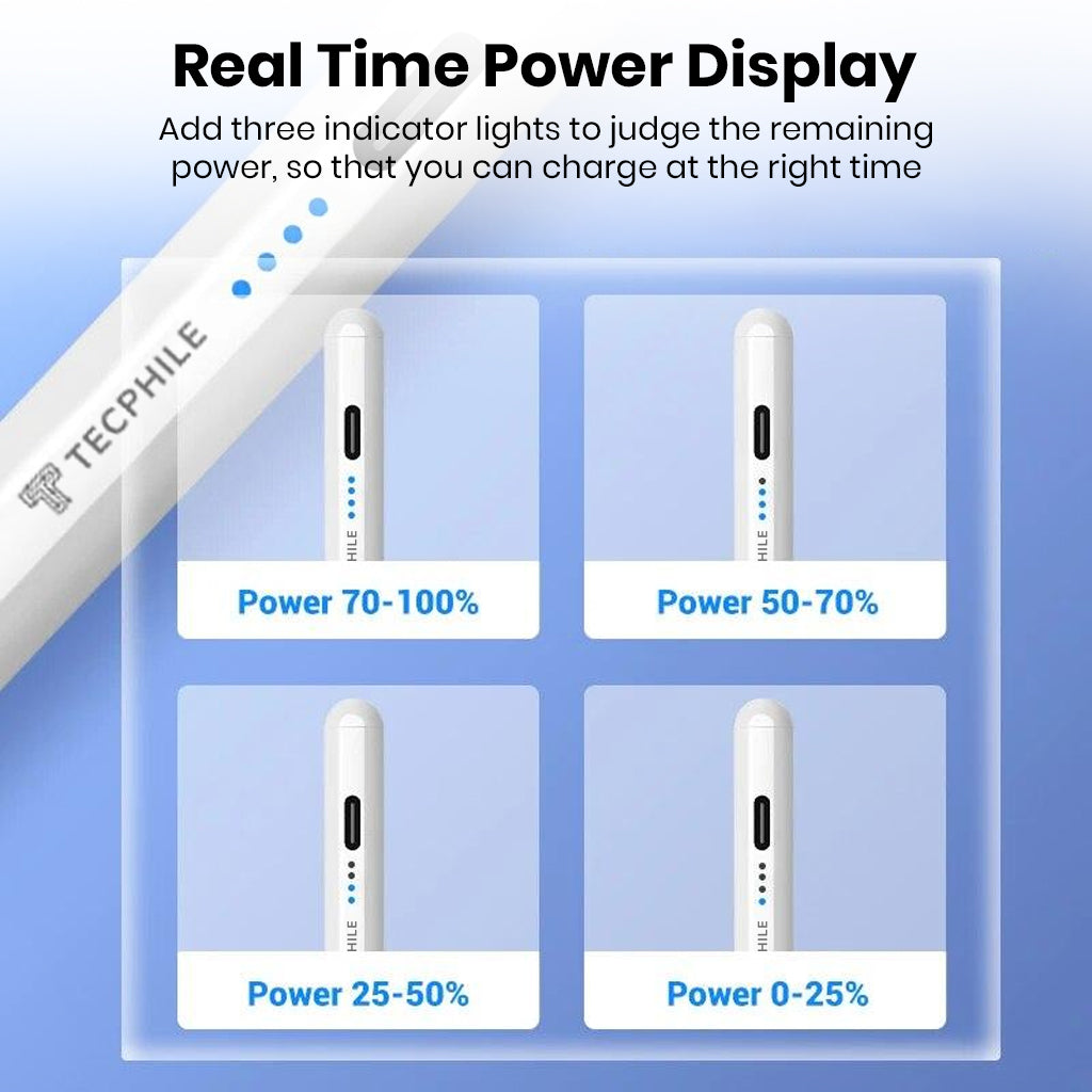 TECPHILE stylus pen with real-time power display using LED indicators for battery levels from 0% to 100%.
