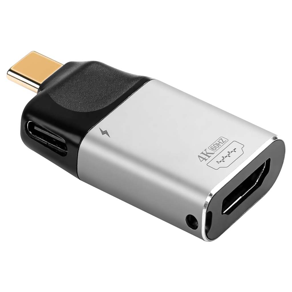 TECPHILE 2-in-1 Type-C to HDMI 2.0 and 100W PD adapter with aluminum shell and gold-plated connectors for high-speed data and charging.