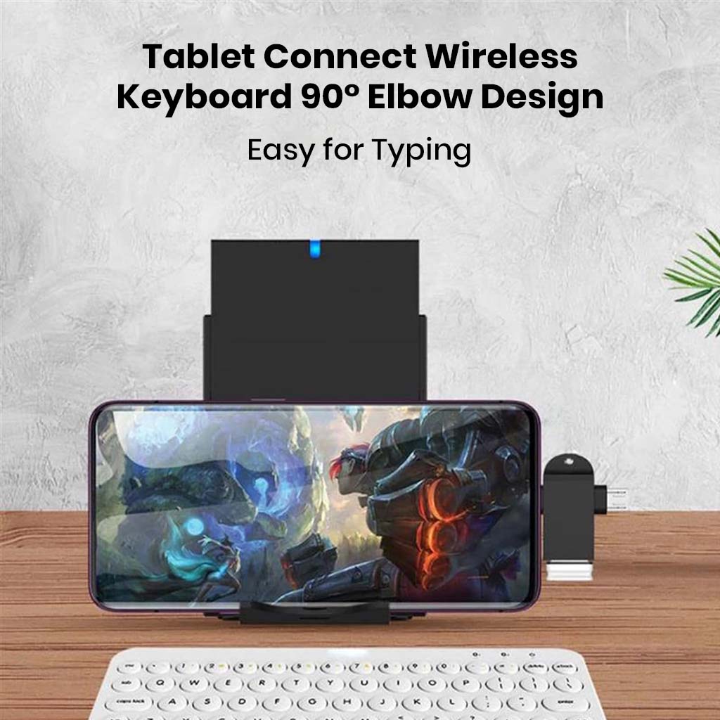 TECPHILE adapter connects tablets to wireless keyboards using a 90° elbow design, ideal for typing and gaming on mobile devices.