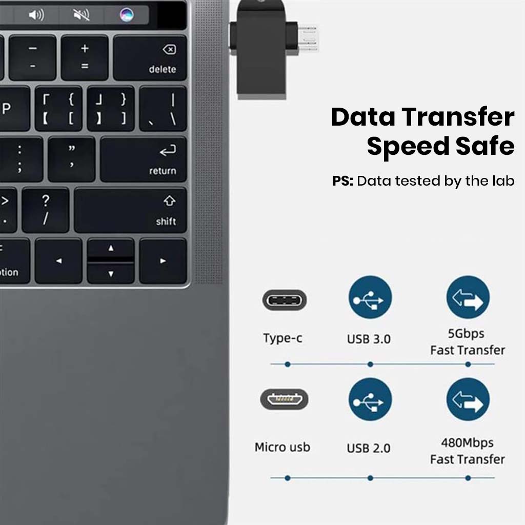TECPHILE adapter ensures safe data transfer speeds with USB 3.0 at 5Gbps for Type-C and 480Mbps for Micro USB connections.