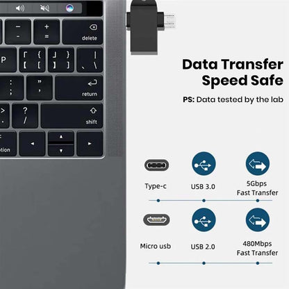 TECPHILE adapter ensures safe data transfer speeds with USB 3.0 at 5Gbps for Type-C and 480Mbps for Micro USB connections.